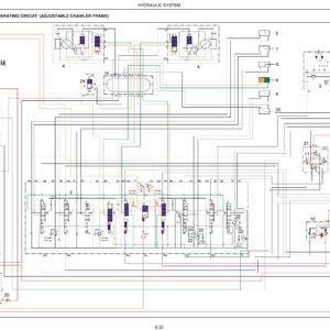 May include: A detailed schematic diagram of a hydraulic system, featuring a complex network of lines, symbols, and components. The diagram includes text indicating the system's function and is labeled with various numbers and letters.