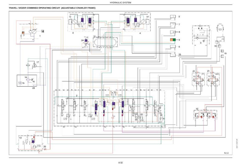 May include: A detailed schematic diagram of a hydraulic system, featuring a complex network of lines, symbols, and components. The diagram includes text indicating the system's function and is labeled with various numbers and letters.