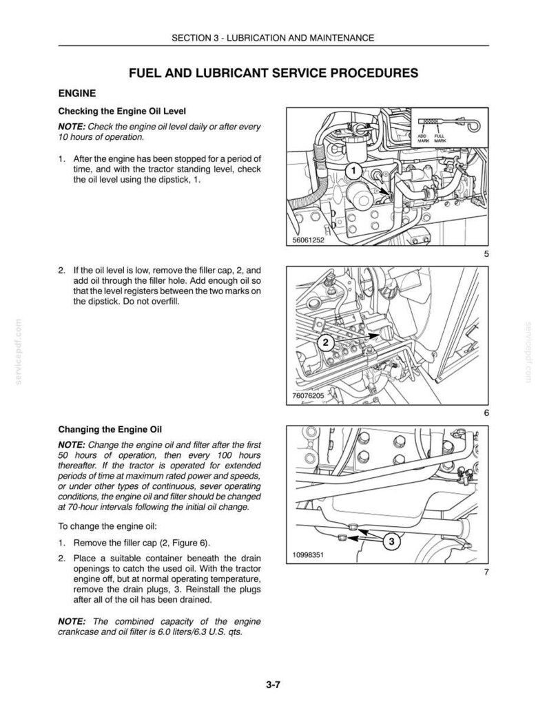 May include: A technical manual page titled Section 3 - Lubrication and Maintenance, detailing fuel and lubricant service procedures. It includes text instructions and three black and white line drawings showing engine components, a dipstick, and drain plugs.