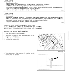 May include: Page from a maintenance manual detailing engine coolant procedures. Includes warnings about hazardous chemicals and burn hazards. Instructions cover draining the engine cooling system, with diagrams of engine components.