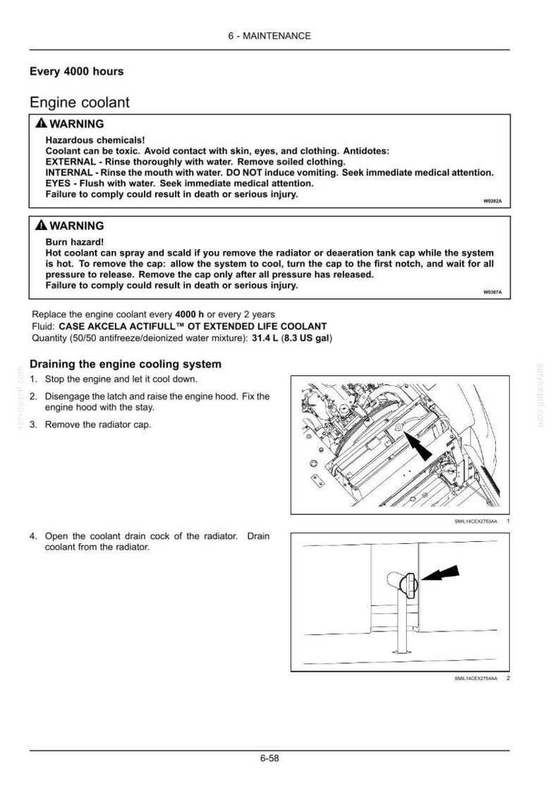 May include: Page from a maintenance manual detailing engine coolant procedures. Includes warnings about hazardous chemicals and burn hazards. Instructions cover draining the engine cooling system, with diagrams of engine components.