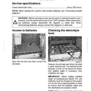 May include: A page from a manual detailing battery service specifications. The text includes instructions for checking electrolyte levels, accessing batteries, and safety warnings. Diagrams show how to access the batteries and check the electrolyte level.