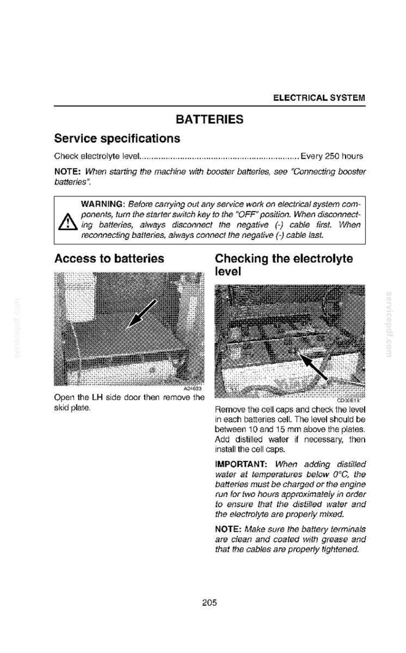 May include: A page from a manual detailing battery service specifications. The text includes instructions for checking electrolyte levels, accessing batteries, and safety warnings. Diagrams show how to access the batteries and check the electrolyte level.