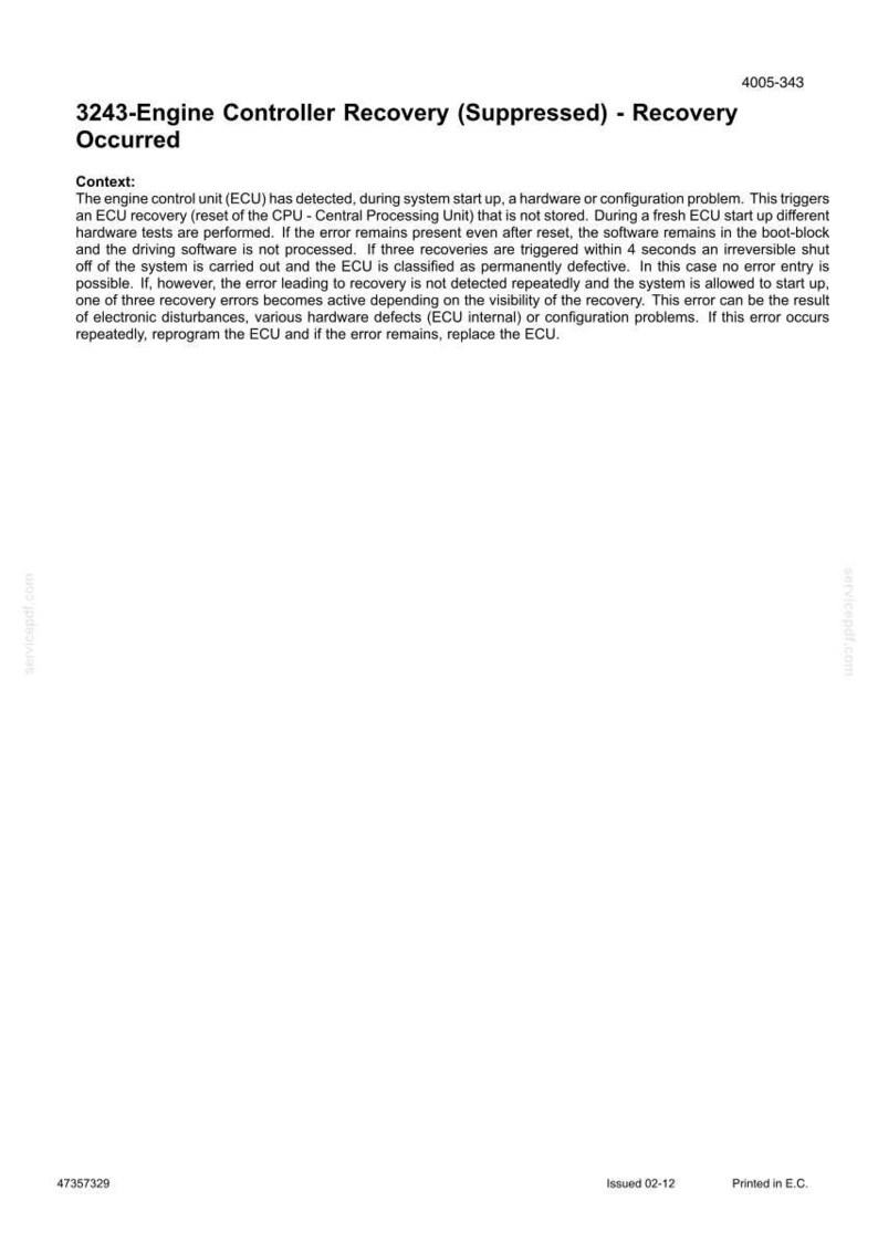 May include: A white document with the title "3243-Engine Controller Recovery (Suppressed) - Recovery Occurred". The document explains the process of ECU recovery, including potential causes and solutions.