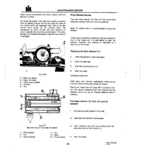 K&ouml;nnte beinhalten: Ein Schwarz-Wei&szlig;-Diagramm mit dem Titel "MAINTENANCE ENGINE" mit Illustrationen eines Luftfilters und seiner Komponenten. Der Text beschreibt die Wartung des Filterelements, einschlie&szlig;lich Austauschhinweisen und Sicherheitsvorkehrungen. Ma&szlig;e sind nicht zutreffend.
