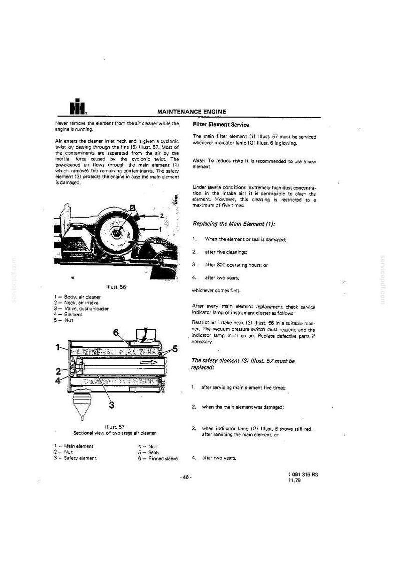 K&ouml;nnte beinhalten: Ein Schwarz-Wei&szlig;-Diagramm mit dem Titel "MAINTENANCE ENGINE" mit Illustrationen eines Luftfilters und seiner Komponenten. Der Text beschreibt die Wartung des Filterelements, einschlie&szlig;lich Austauschhinweisen und Sicherheitsvorkehrungen. Ma&szlig;e sind nicht zutreffend.
