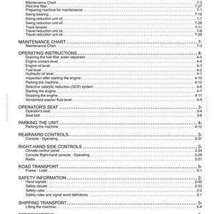Puede incluir: Una p&aacute;gina de &iacute;ndice en blanco y negro de un manual t&eacute;cnico, que incluye secciones sobre el tanque de combustible, aceite hidr&aacute;ulico, tablas de mantenimiento, instrucciones de operaci&oacute;n, asiento del operador, estacionamiento y seguridad.