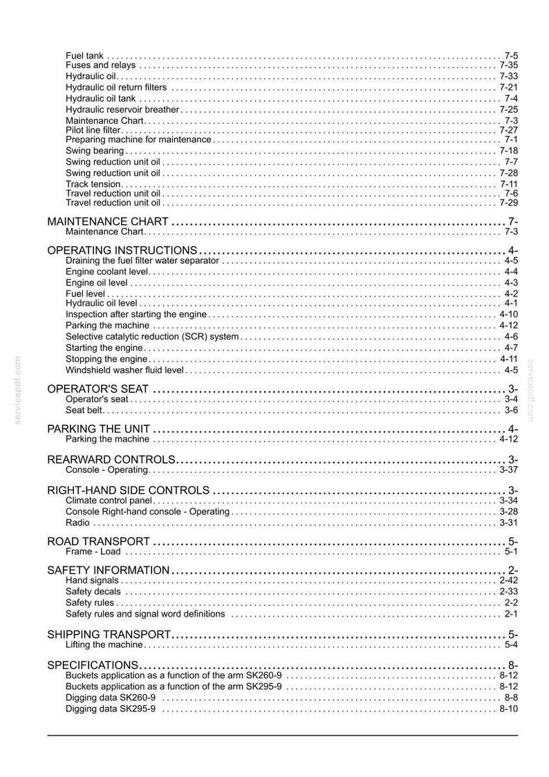 Puede incluir: Una p&aacute;gina de &iacute;ndice en blanco y negro de un manual t&eacute;cnico, que incluye secciones sobre el tanque de combustible, aceite hidr&aacute;ulico, tablas de mantenimiento, instrucciones de operaci&oacute;n, asiento del operador, estacionamiento y seguridad.