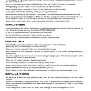 May include: A white page with black text detailing vehicle maintenance instructions. Sections cover electrical, hydraulic, wheels, tires, and removal procedures. Includes safety warnings about flammable gases and potential hazards.