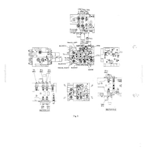 May include: A technical engineering diagram labeled (3) Control valve and Fig 5, displaying multiple views of a hydraulic control valve assembly. The black and white line drawing includes detailed schematics, port labels like TRAVEL LEFT, TRAVEL RIGHT, BUCKET, BOOM, and ARM, along with cross-sectional views labeled SECTION C-C and SECTION D-D.