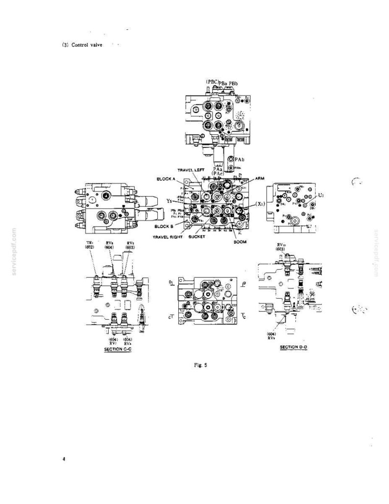 May include: A technical engineering diagram labeled (3) Control valve and Fig 5, displaying multiple views of a hydraulic control valve assembly. The black and white line drawing includes detailed schematics, port labels like TRAVEL LEFT, TRAVEL RIGHT, BUCKET, BOOM, and ARM, along with cross-sectional views labeled SECTION C-C and SECTION D-D.
