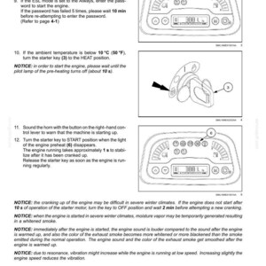 May include: A technical manual page titled 4 - OPERATING INSTRUCTIONS featuring black and white diagrams of an instrument cluster and a starter key. The text provides numbered steps for engine startup, including warnings about ambient temperature and engine preheating.
