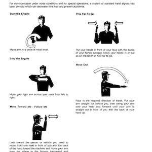 May include: A black and white diagram illustrating hand signals for various commands. The diagram includes instructions for starting and stopping an engine, indicating distance, and signaling movement. Text accompanies each signal, providing clear guidance.