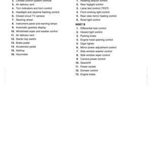 May include: A technical document page titled SECTION 2 - CONTROLS/INSTRUMENTS/ACCESSORIES. It lists numbered vehicle components including steering column tilt, climate control, turn indicators, gearshift, and various light and wiper switches.