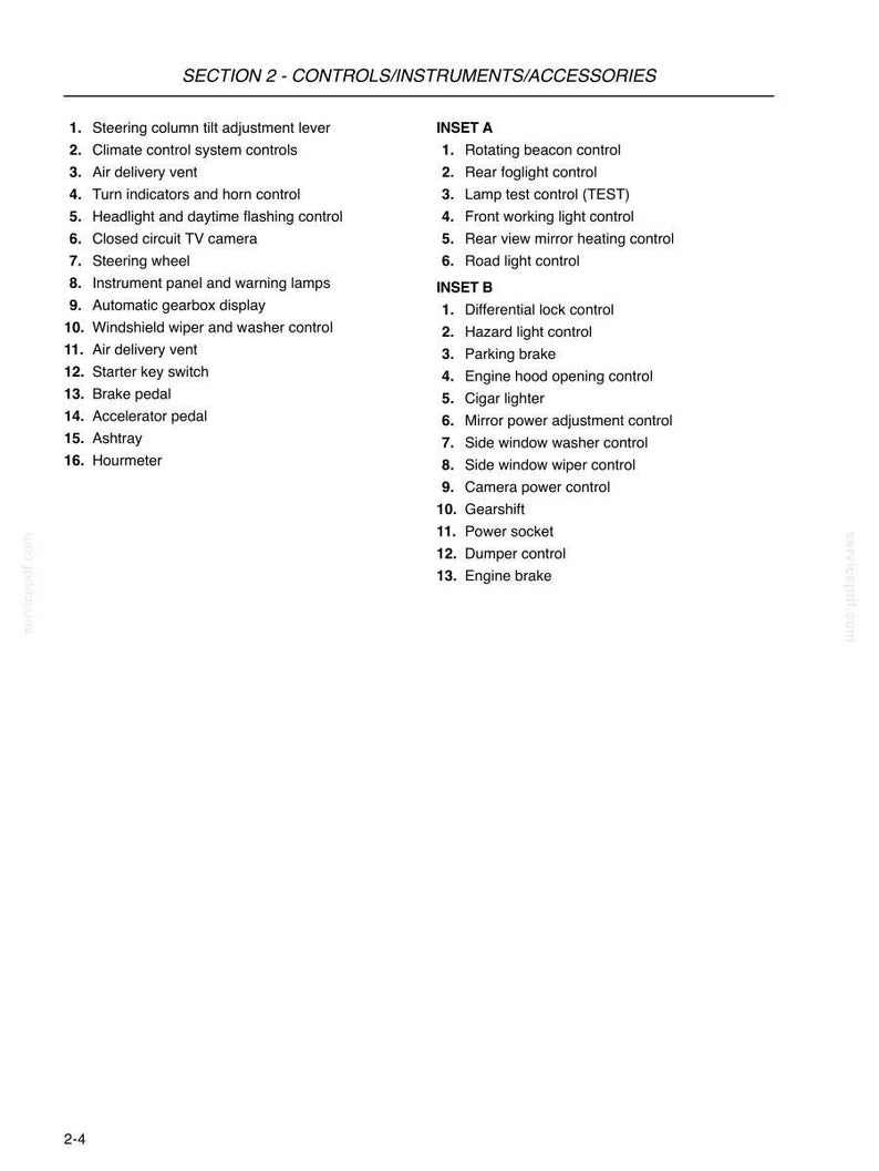 May include: A technical document page titled SECTION 2 - CONTROLS/INSTRUMENTS/ACCESSORIES. It lists numbered vehicle components including steering column tilt, climate control, turn indicators, gearshift, and various light and wiper switches.