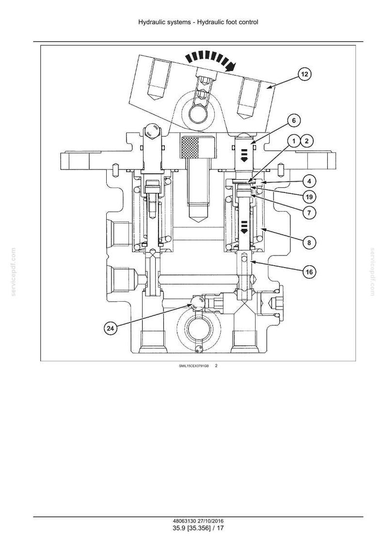 May include: Detailed diagram of a hydraulic foot control system, featuring various mechanical components labeled with numbers. The diagram is in black and white, with text indicating the system's function and technical details.