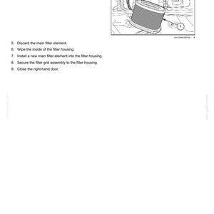 May include: Diagram illustrating maintenance steps for a filter element. The image shows an exploded view of the filter housing with the filter element removed. Text instructions detail the process, including discarding the old element and installing a new one.