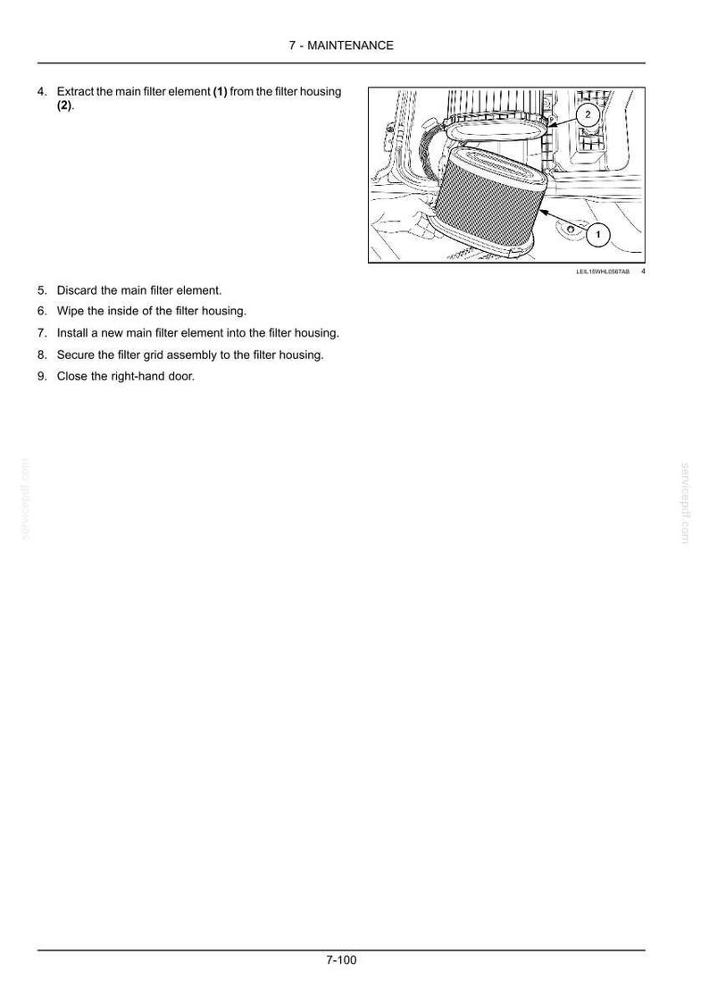May include: Diagram illustrating maintenance steps for a filter element. The image shows an exploded view of the filter housing with the filter element removed. Text instructions detail the process, including discarding the old element and installing a new one.