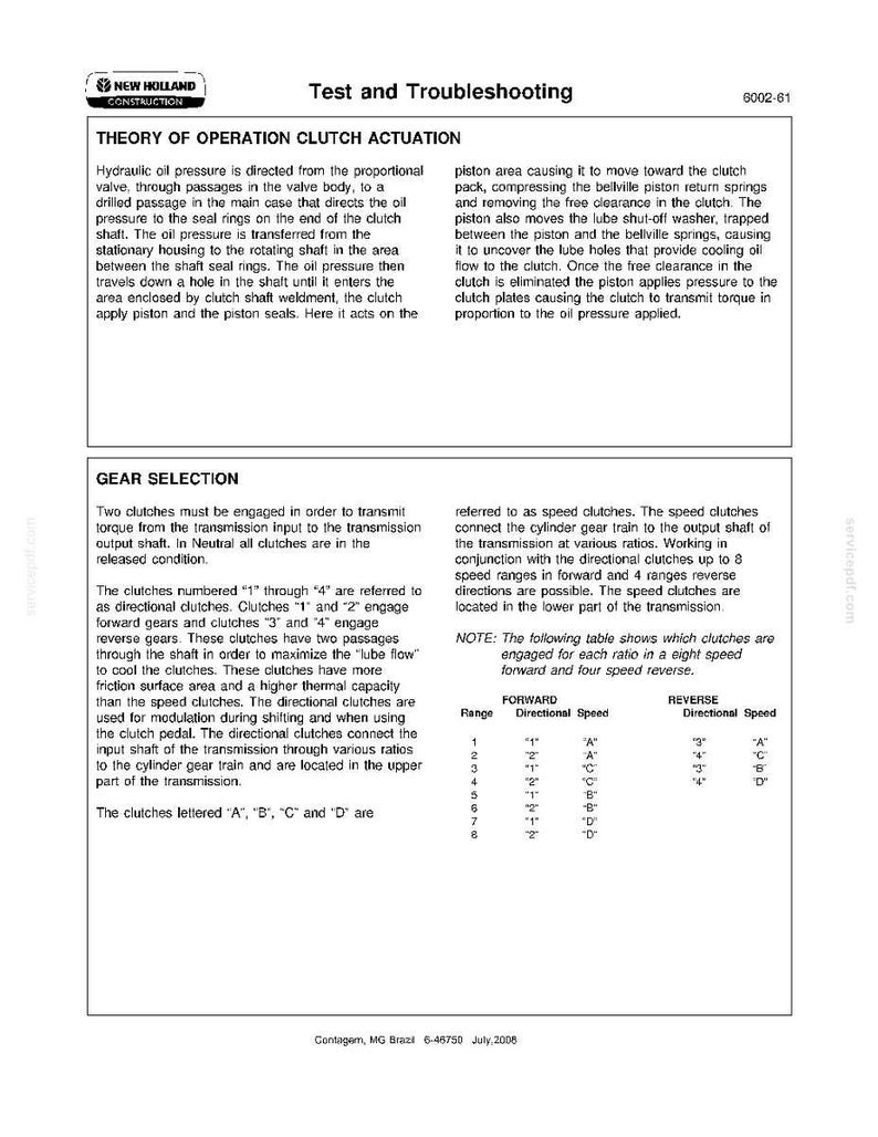 K&ouml;nnte beinhalten: Technisches Dokument von New Holland Construction mit dem Titel &bdquo;Test und Fehlersuche&ldquo;. Es enth&auml;lt Abschnitte zur Kupplungsbet&auml;tigungstheorie und Gangauswahl mit Diagrammen und Tabellen. Schwarzer Text auf wei&szlig;em Hintergrund. Ma&szlig;e nicht zutreffend.