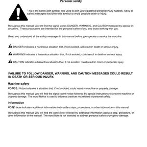May include: A white document with the title "Safety rules" and the text "Personal safety". It includes safety alert symbols and definitions for DANGER, WARNING, and CAUTION, along with machine safety and information notes.