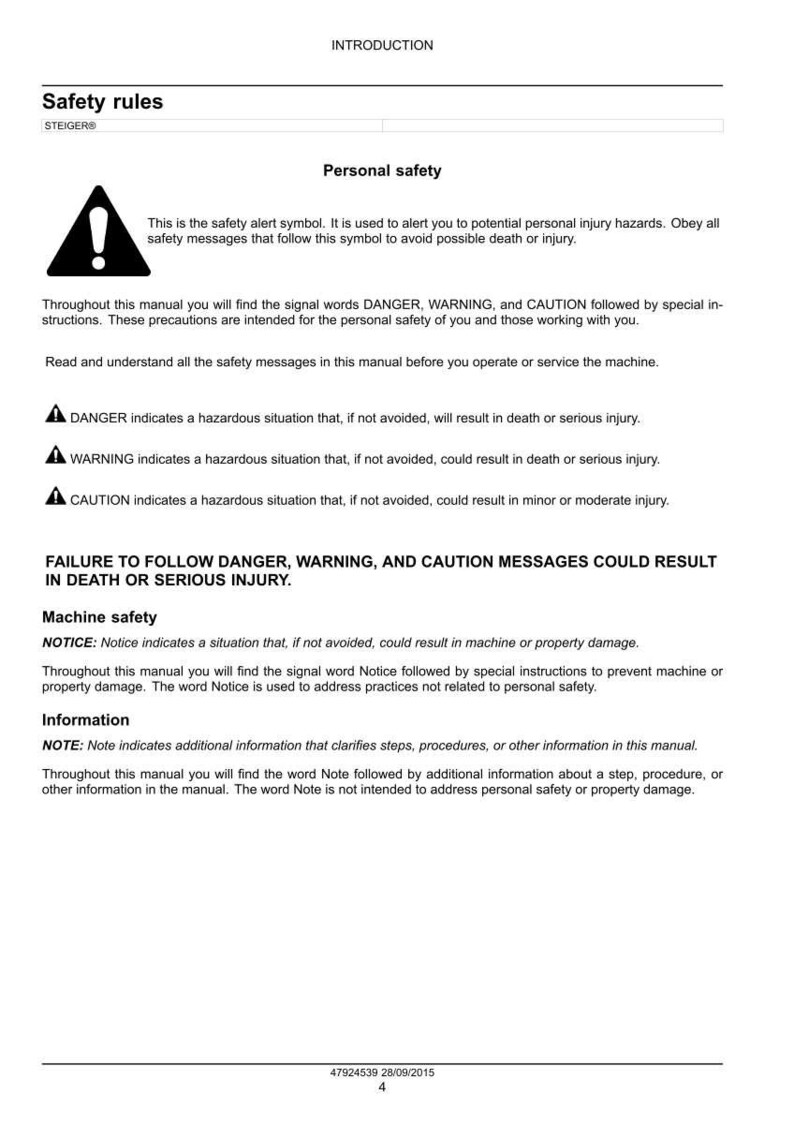 May include: A white document with the title "Safety rules" and the text "Personal safety". It includes safety alert symbols and definitions for DANGER, WARNING, and CAUTION, along with machine safety and information notes.