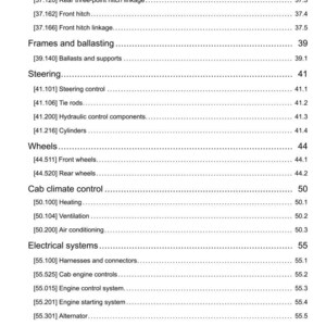 May include: A detailed table of contents from a manual, listing various tractor components. Sections include drawbars, steering, wheels, cab climate control, and electrical systems. The document is dated 02/10/2017.