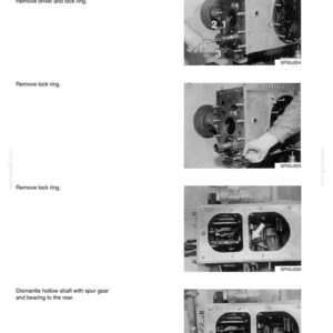 May include: A technical manual page titled 6.1 Version with travel power take-off shaft, featuring four black and white photographs showing mechanical disassembly steps. The images display a metal housing, gears, a lock ring, a driver, and a radial sealing ring.