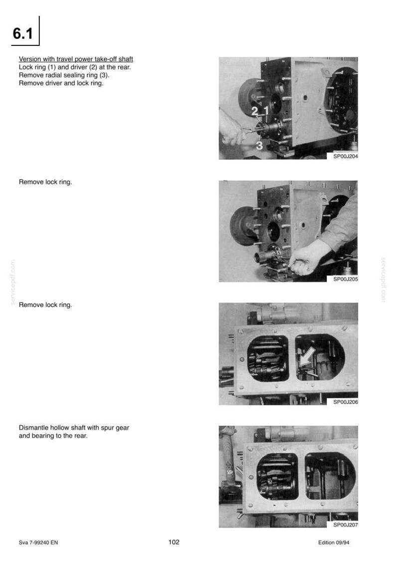 May include: A technical manual page titled 6.1 Version with travel power take-off shaft, featuring four black and white photographs showing mechanical disassembly steps. The images display a metal housing, gears, a lock ring, a driver, and a radial sealing ring.