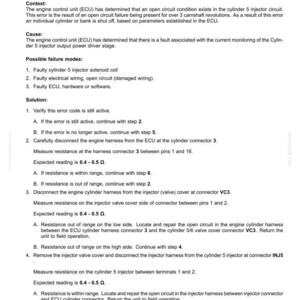 May include: A diagnostic document detailing fault codes for a vehicle's electrical system. The text describes a Cylinder 5 warning related to an open load, including context, cause, possible failures, and solutions. The document provides step-by-step instructions for troubleshooting.