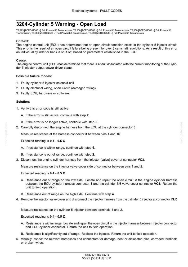 May include: A diagnostic document detailing fault codes for a vehicle's electrical system. The text describes a Cylinder 5 warning related to an open load, including context, cause, possible failures, and solutions. The document provides step-by-step instructions for troubleshooting.