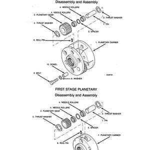 Op de afbeelding: Diagram van een tweede fase planetaire en eerste fase planetaire demontage en montage. Het diagram bevat labels voor componenten zoals planetaire tandwielen, drukringringen en naaldlagers. Tekst bevat "Issued 3-89 Printed in England."