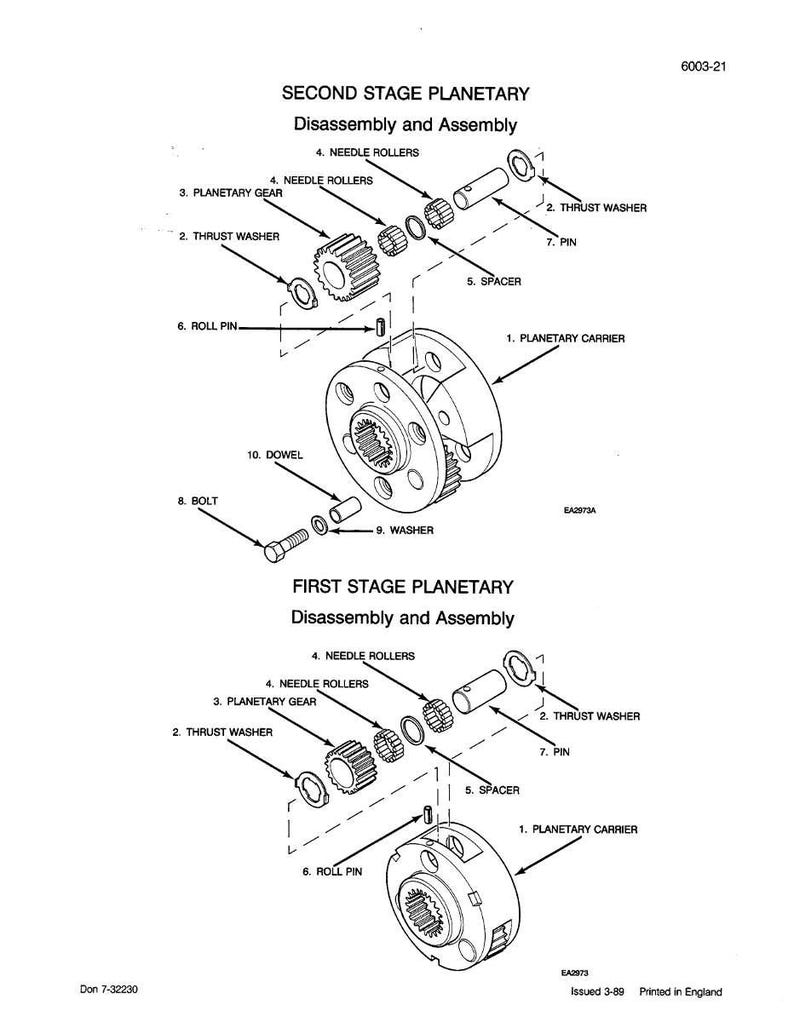 Op de afbeelding: Diagram van een tweede fase planetaire en eerste fase planetaire demontage en montage. Het diagram bevat labels voor componenten zoals planetaire tandwielen, drukringringen en naaldlagers. Tekst bevat "Issued 3-89 Printed in England."