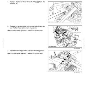 May include: Diagram of a gearbox removal procedure, with numbered steps and illustrations. The text includes instructions for removing the Power Take-Off shaft, releasing chain tension, and installing a wrench. The document is a technical manual.