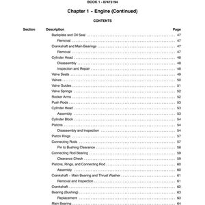 May include: A page from a manual titled "SECTION 10 - ENGINE" with a table of contents. The table lists engine components such as "Cylinder Head," "Pistons," and "Crankshaft." The book's title is "BOOK 1 - 87473194."