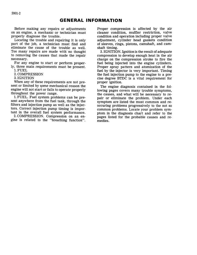 May include: A page from a manual titled "GENERAL INFORMATION" with text about engine repair, including fuel, compression, and ignition. The text is in black font on a white background.
