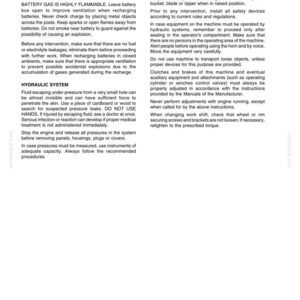 May include: A document titled SAFETY RULES containing instructions for equipment operation, battery maintenance, and hydraulic system safety. The text outlines procedures for preventing leaks, managing flammable gases, and ensuring operator safety.