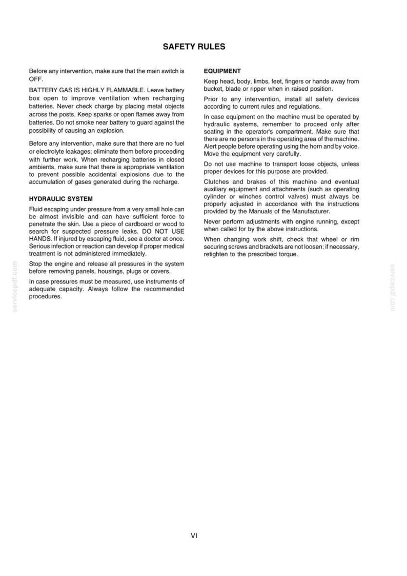 May include: A document titled SAFETY RULES containing instructions for equipment operation, battery maintenance, and hydraulic system safety. The text outlines procedures for preventing leaks, managing flammable gases, and ensuring operator safety.