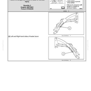 May include: A technical manual page titled 2-SAFETY INFORMATION featuring a danger warning label for a loader boom. The text reads: DANGER Do not walk or work under raised loader. Lower loader to ground when parked. Failure to comply will result in death or serious injury. Includes diagrams of the left and right-hand sides of the loader boom.