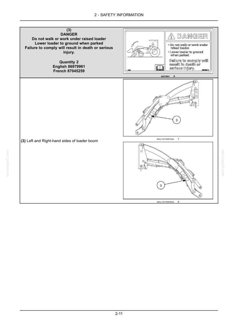 May include: A technical manual page titled 2-SAFETY INFORMATION featuring a danger warning label for a loader boom. The text reads: DANGER Do not walk or work under raised loader. Lower loader to ground when parked. Failure to comply will result in death or serious injury. Includes diagrams of the left and right-hand sides of the loader boom.