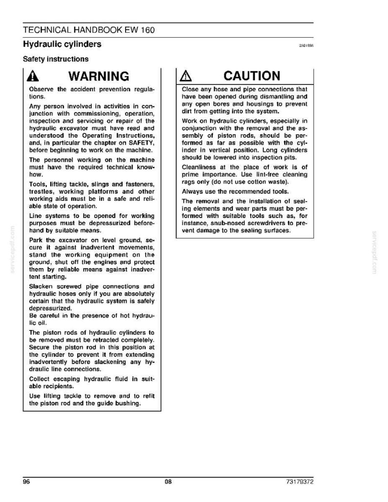 May include: A technical handbook page with safety instructions for hydraulic cylinders. The page includes warnings and cautions, with detailed procedures for safe operation and maintenance. Text is in black on a white background.