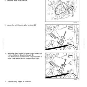 K&ouml;nnte beinhalten: Diagramm einer mechanischen Baugruppe mit nummerierten Komponenten und Anweisungen. Enth&auml;lt Illustrationen zum Einsetzen von Schrauben, Anziehen von Schrauben und Einstellen der Kettenspannung. Der Text enth&auml;lt Ma&szlig;e von 12 mm x 30 mm.