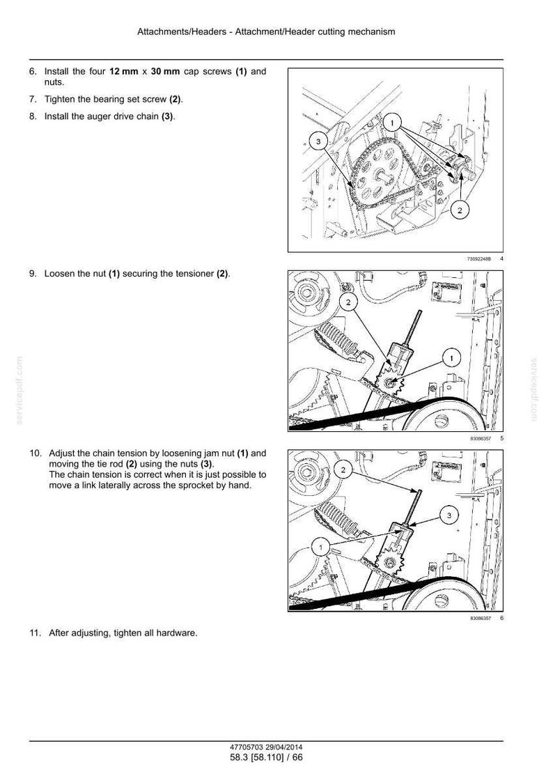 K&ouml;nnte beinhalten: Diagramm einer mechanischen Baugruppe mit nummerierten Komponenten und Anweisungen. Enth&auml;lt Illustrationen zum Einsetzen von Schrauben, Anziehen von Schrauben und Einstellen der Kettenspannung. Der Text enth&auml;lt Ma&szlig;e von 12 mm x 30 mm.