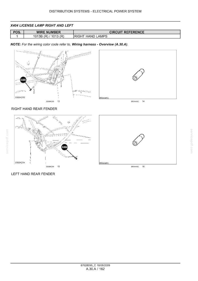 May include: Diagram of an electrical power system, including wiring schematics and component illustrations. The document includes text labels such as "X404 License Lamp Right and Left" and "Right Hand Lamps".