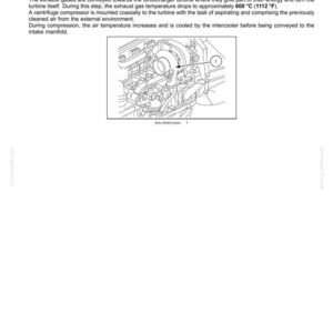 May include: Diagram of a turbocharger's functional components, with labels and lines illustrating airflow and gas pathways. Text includes details on combustion, turbine function, and temperature changes. The diagram is from a service manual.