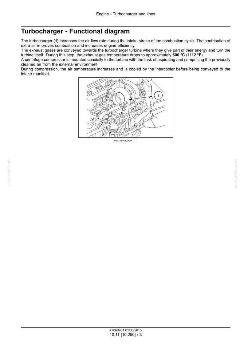 May include: Diagram of a turbocharger's functional components, with labels and lines illustrating airflow and gas pathways. Text includes details on combustion, turbine function, and temperature changes. The diagram is from a service manual.