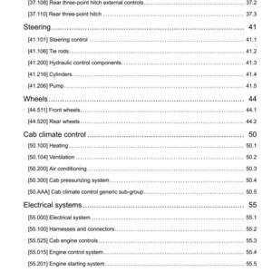 May include: A detailed table of contents from a manual, listing various tractor components. Sections include hitches, steering, wheels, cab climate control, and electrical systems. The document is dated 23/06/2017.