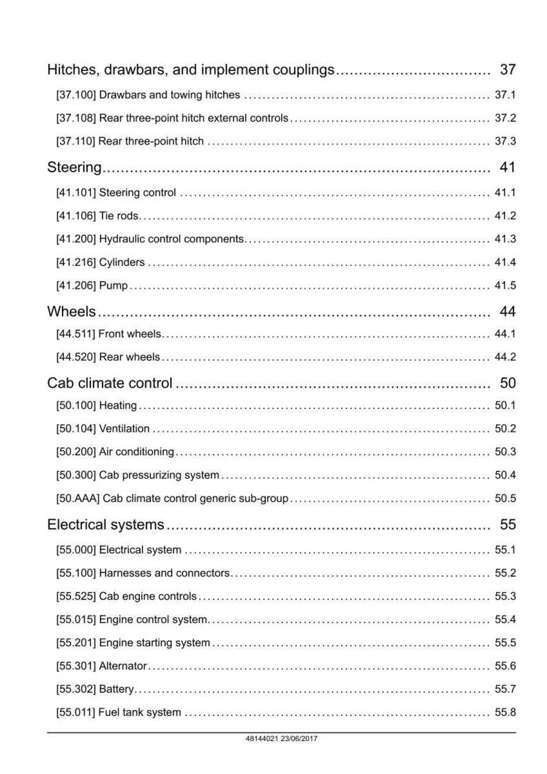 May include: A detailed table of contents from a manual, listing various tractor components. Sections include hitches, steering, wheels, cab climate control, and electrical systems. The document is dated 23/06/2017.