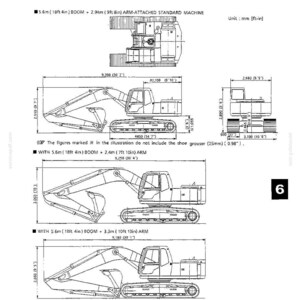 K&ouml;nnte beinhalten: Eine technische Dokumentenseite mit dem Titel Chapter 6 Reference Documents, die schwarz-wei&szlig;e Strichzeichnungen eines Baggers mit verschiedenen Ausleger- und Armkonfigurationen zeigt. Ma&szlig;e sind in Millimetern und Fu&szlig;-Zoll angegeben.