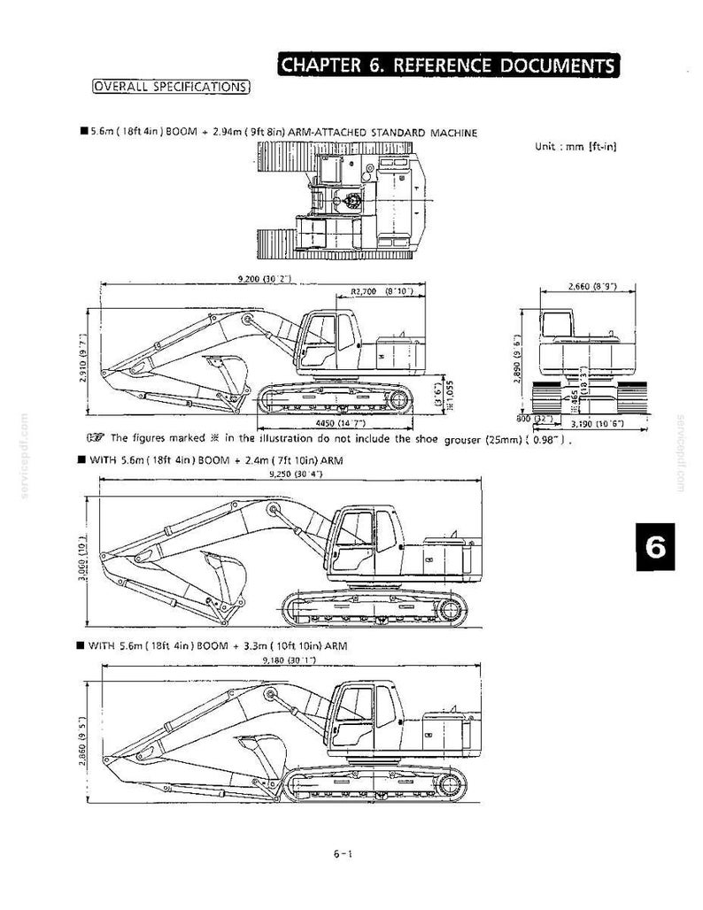 K&ouml;nnte beinhalten: Eine technische Dokumentenseite mit dem Titel Chapter 6 Reference Documents, die schwarz-wei&szlig;e Strichzeichnungen eines Baggers mit verschiedenen Ausleger- und Armkonfigurationen zeigt. Ma&szlig;e sind in Millimetern und Fu&szlig;-Zoll angegeben.