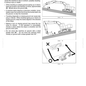 May include: A technical document page titled 2-SAFETY INFORMATION featuring black and white line drawings of an excavator on a slope. The diagrams illustrate safe travel procedures, including bucket positioning at 20-30 cm above the ground.